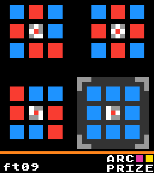 Replay of the ARC-AGI-3 game ft09: with no instructions, a player works out that the boxed grid must be completed to match the pattern shown by the others.